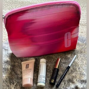 NWOT Clinique Pink Makeup Bag and Samples